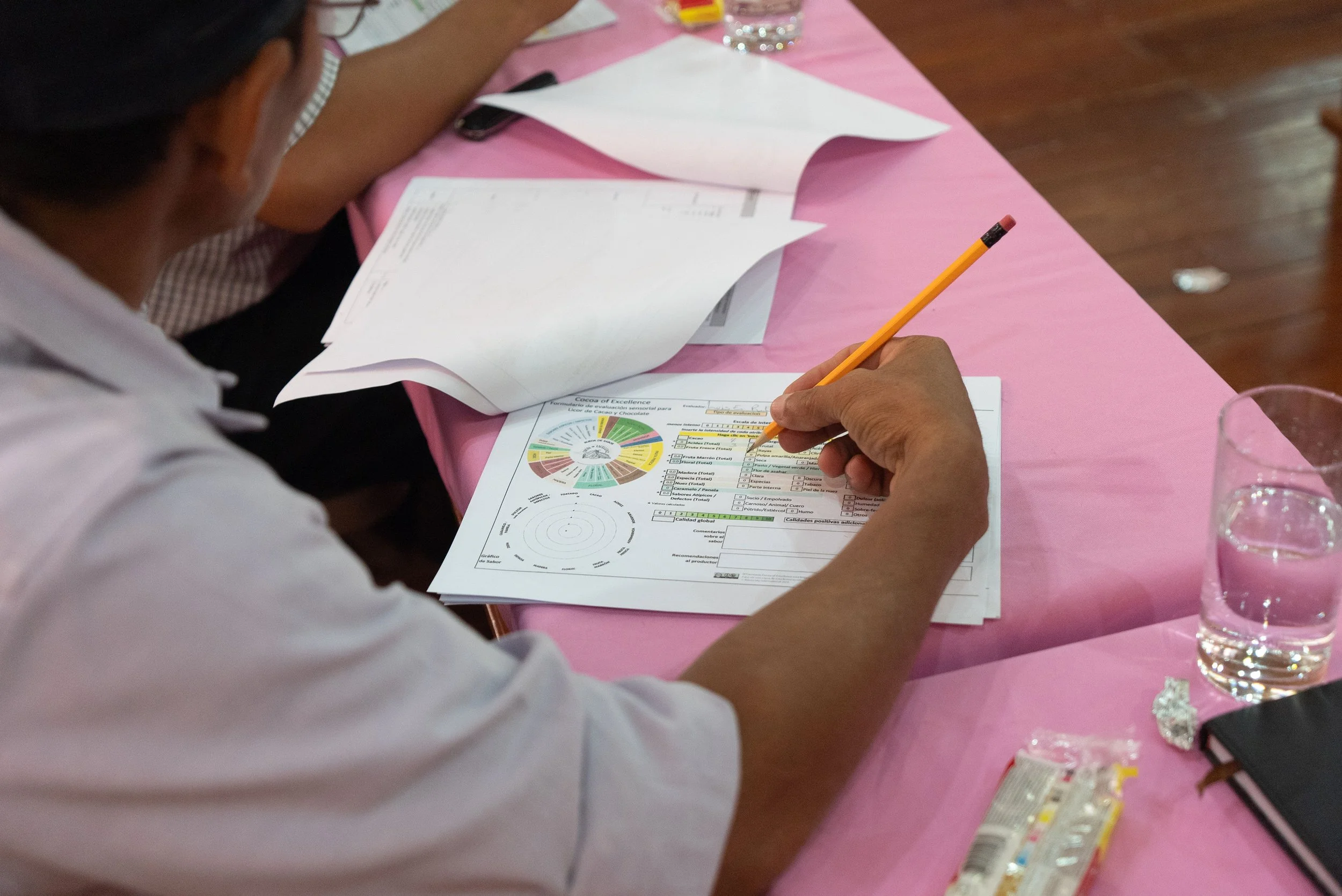Person filling out a training worksheet with a pencil during a workshop.